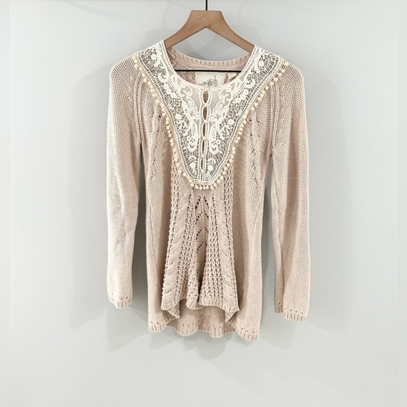 Anthropologie Angel Of The North Lace Detail Cable Knit Sweater Beige Size Small - Picture 2 of 6